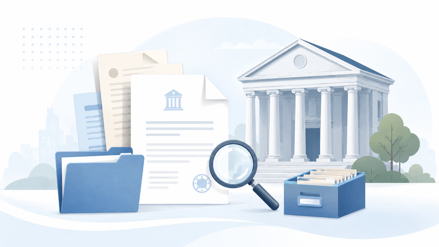 Illustration of public records, folders, and a magnifying glass in front of a government building