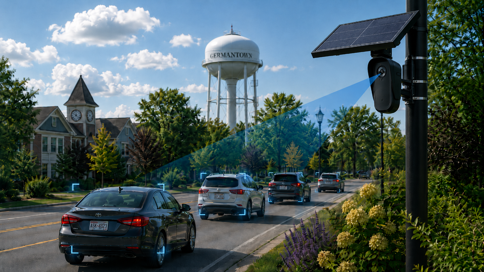 Illustration of a Flock ALPR camera overlooking traffic near the Germantown water tower